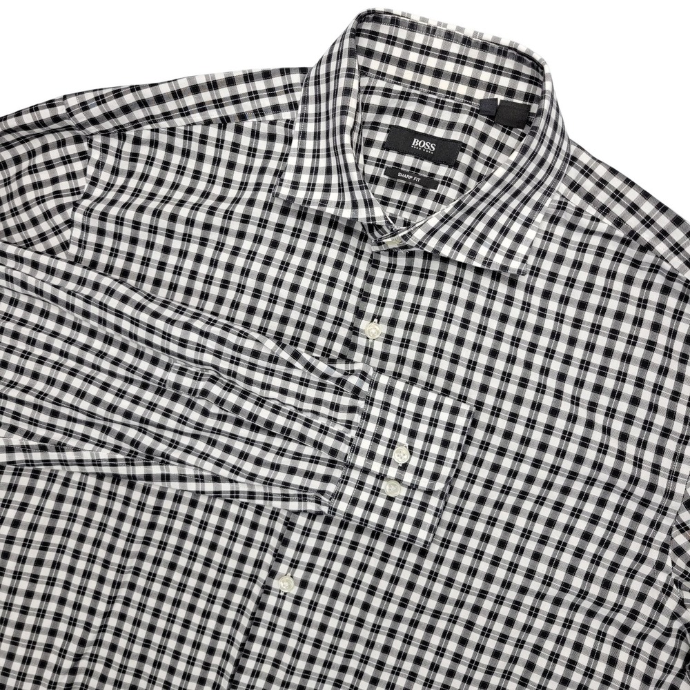 BOSS Hugo Boss Dress Shirt Mens 15.5 34/35 Black Gingham Slim Sharp Fit Cotton
